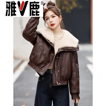 Yalu wash-free leather down jacket women's short winter new small lamb hair large lapel white duck down warm jacket s 12xl black