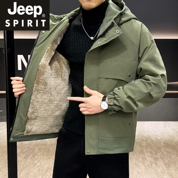 Jeep spirit2025 winter windproof jacket men's hooded cotton jacket cotton jacket plus velvet thickened warm winter men's jacket 2506 military green plus velvet thickened xl