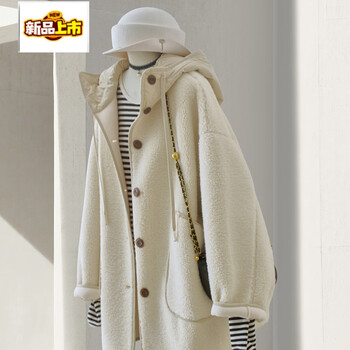 Off-white spliced hooded fur all-in-one jacket for women, korean style, loose temperament, imitation lamb wool cotton jacket, off-white s 115 pounds or less