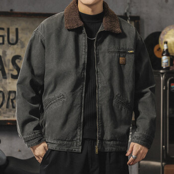 Chaoyugong american workwear sherpa jacket men's winter retro lapel loose coat trendy warm cotton clothes thickened gray l 120-135 pounds