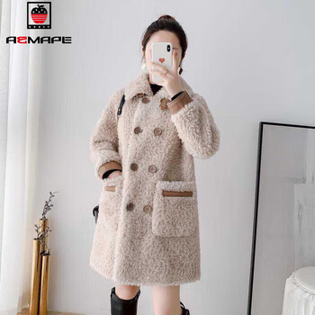 Aemape jacket women's 2025 new spring autumn and winter lamb wool jacket mid-length granular lamb wool oatmeal color l