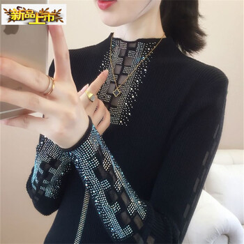 Chujing fashionable half turtleneck hot diamond hollow knitted bottoming shirt for women to wear autumn and winter new european style versatile slim sweater trend black + model same necklace s 95 catties and below