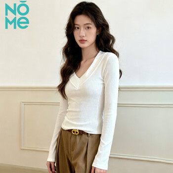 Nome autumn and winter thickened large v-neck right shoulder bottoming shirt women's top waist slimming slightly flared cuffs long-sleeved t-shirt white l