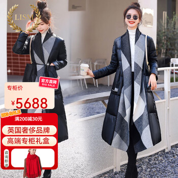 Lism shopping mall same style high-end down jacket european women's plaid wool stitching super good-looking long style black s