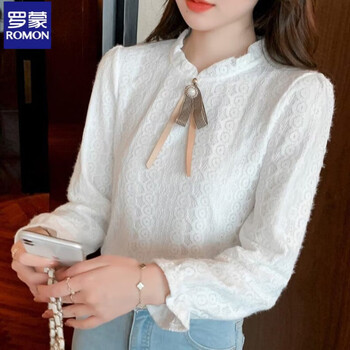 Luo meng half turtleneck lace bottoming shirt for women in autumn and winter, new velvet inner style, stylish small shirt, design niche top, white, regular s, recommended within 95 pounds
