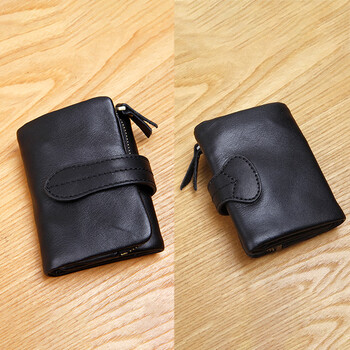 Boypole first-layer cowhide wallet new women's mini genuine leather ultra-small short three-fold leather wallet vertical style student personality black