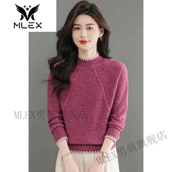 Mlex velvet lisa women's new autumn and winter half-high collar loose knitted thick warm floral yarn base rose red 2xl