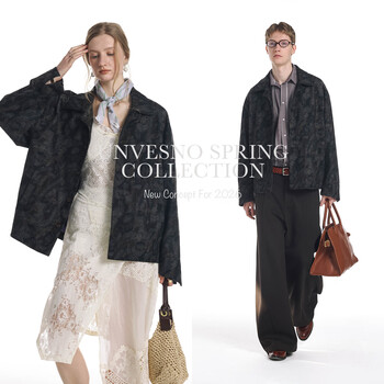 Unvesno (un) quiet luxury matte texture medieval woolen dark grain cashew flower short jacket shadow gray s