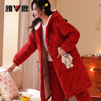 Yalu 2026 women's nightgown winter flannel three-layer thickened quilted plus velvet coral velvet pajamas home wear set xa-5513 red quilted robe + quilted pants m (80-100 pounds)