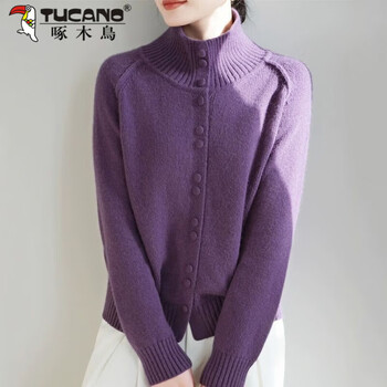 Woodpecker (tucano) bottoming shirt for women 2026 new year red women's high collar buckle thickening loose lazy style knitted sweater cardigan magenta counter quality m recommended 90-100 pounds