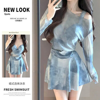 Bangbo new year one-piece skirt swimsuit 2025 new belly covering, slimming small breast underwire long sleeve bikini hot spring swimsuit bikini tie-dye blue one size one size one size (recommended 70-120 jin)