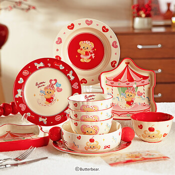 Modern housewife butter bear underglaze color tableware household 2025 new high-value bowl cute plate butter bear 8-inch shallow plate