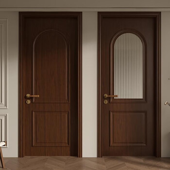 French retro mid-century style bedroom room solid wood door solid wood composite indoor painted walnut glass flat door walnut color single buckle + log mechanical board + hardware + door cover