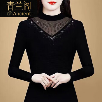 Xiaohongshu's new german velvet half turtleneck mesh bottoming shirt for women in autumn and winter thickened warm top with a stylish interior, black m, recommended within 100 pounds