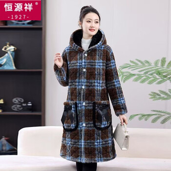 Hengyuanxiang's new plaid plus velvet thickened coat winter women's cotton coat long hooded mother's warm cotton jacket blue plaid thickened xl recommended 90-130 pounds