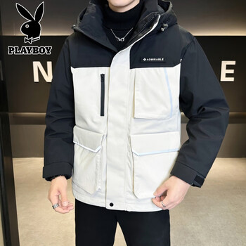Playboy contrast color splicing workwear couple down jacket men's and women's short hooded 2023 autumn and winter new winter jacket black and white s