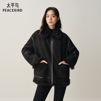 Peacebird women's short jacket pu spliced cool sa motorcycle suit silhouette slim faux fur d black s