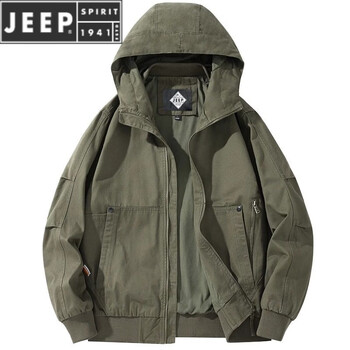 Jeep spirit2025 new autumn and winter work clothes men's dad's clothing plus velvet thickened hooded short winter coat 6830 military green (thin style without velvet) 2xl (suitable for 150-165 pounds)