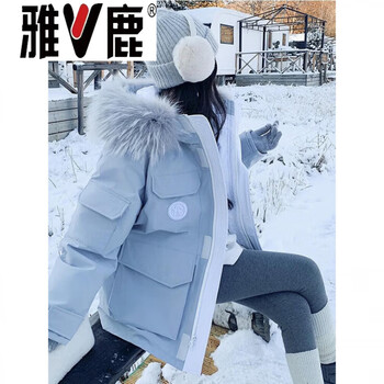 Yalu plus fat plus size parka down jacket for women short style small loose slimming fat mm 200 catties hooded jacket 260 blue blue simulated fur collar l recommended 100-140 catties