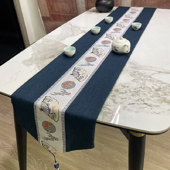 Yusenyi zen tea banquet tea table coffee table tablecloth tea cushion cloth blue linen-white background fan-shaped crane 33*120cm suitable for 0.8m small coffee table