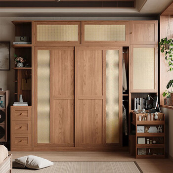 Maifang rattan mid-century style sliding door wardrobe desk integrated small apartment nordic sliding door bedroom storage cabinet large wardrobe 1.8m wardrobe + desk + top cabinet (dust-proof rattan door) enf grade european pine particle board