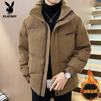 Playboy (playboy) corduroy jacket men's autumn and winter plus velvet thickened trendy brand stand collar loose bread jacket warm parka cotton jacket khaki velvet thickened xl 130-145 jin