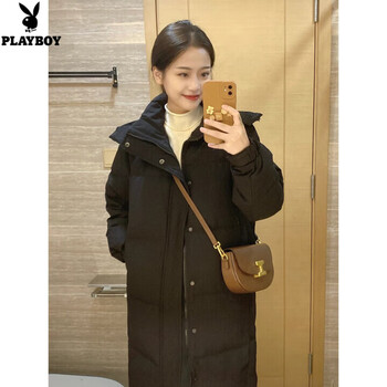 Playboy (playboy) women's mid-length down jacket over the knee hooded 2025 new winter white duck down thickened black jacket with the same style as the chinese drama official flagship s 80-100 pounds