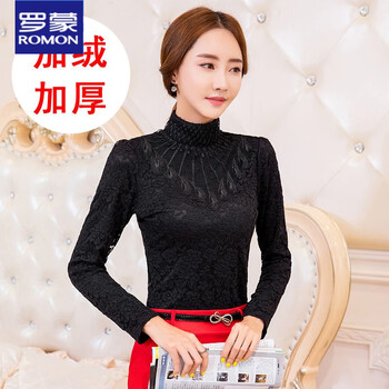 Luo meng velvet thickened lace bottoming shirt for women winter long-sleeved large size turtleneck red versatile warm top for outer wear black (sheep wool) thickened m suitable for 96-105 pounds