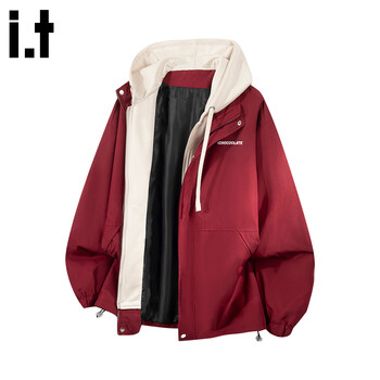Chocoolate it american trendy brand fake two-piece hooded jacket men's autumn and winter zodiac year red casual versatile jacket maroon m recommended 90-110 pounds