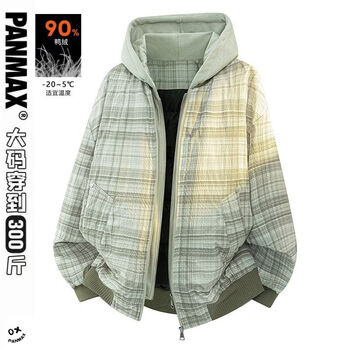 Panmax new down jacket fake two-piece plaid american winter new warm hooded large size men's clothing green stripe plaid 7xl recommended 250-270 catties