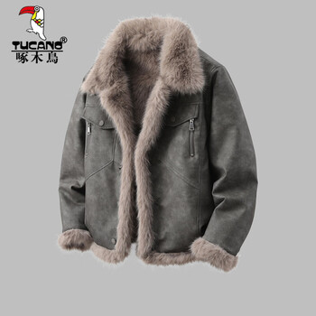 Woodpecker (tucano) fur integrated men's winter large size velvet thickened leather jacket double-sided leather jacket loose jacket classic gray xl 130-145 catties