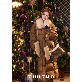 Tuntun autumn and winter gilt large quilt 90 white duck down women's down jacket hat detachable light down long style streamer brown pre-sale shipped within 15 days xs