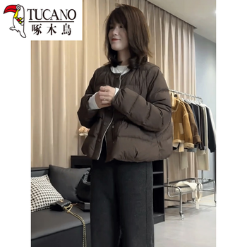 Woodpecker (tucano) round neck simple white duck down short down jacket for women winter new style small loose slimming thickened warm jacket coffee color s 90-105 catties