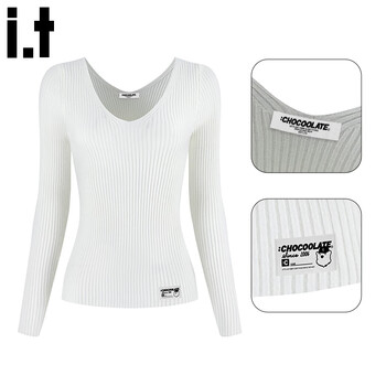 Chocoolate it women's pure desire knitted bottoming shirt for women 2025 winter double v-neck pullover waist waist long-sleeved top trendy white one size