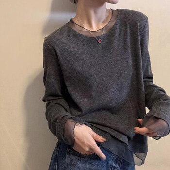 Shoot 1 and 2 2025 korean style round neck patchwork long-sleeved t-shirt bottoming shirt for women autumn fashion versatile bottoming shirt buy one get one free, get two pieces black + gray 3xl 120-135 catties