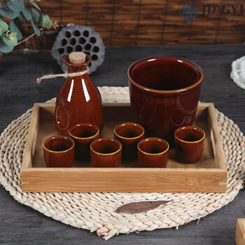 Miaopule high-end chinese jingdezhen ceramic antique wine pot set retro old-fashioned sake cup wine warmer household wine divider antique bronze 6 two pots with 6 cups + wine warmer + tray collection stopper and rope