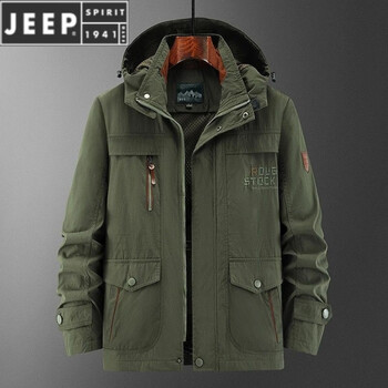 Jeep spirit winter high-end season velvet thickened cotton coat men's multi-pocket warm cotton jacket mid-length cotton jacket jacket 816 military green (thin spring and autumn) m recommendation (80-catties)