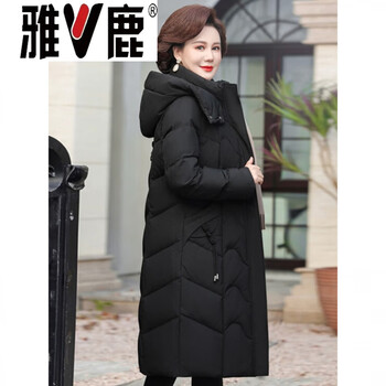Yalu brand long over-the-knee down jacket for middle-aged women, fashionable mothers, slim fit and thickened mid-winter coat, gray black thickened version 4xl weight 130-140 catties