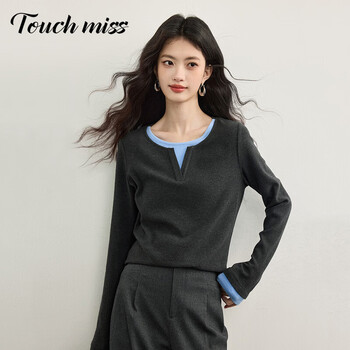 Touchmiss brushed henry shirt contrast color fake two-piece t-shirt women's 2025 autumn and winter new layer wear bottoming top cloud gray s