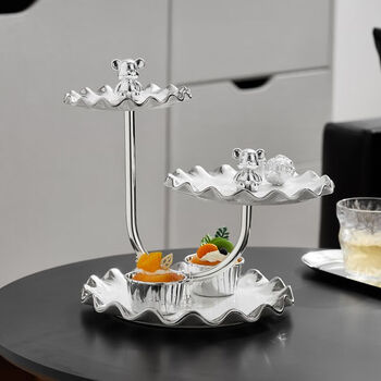 Full bow pastry plate light luxury silver ceramic multi-layer fruit plate dessert candy plate living room household fruit plate front desk tasting egg three-layer silver flat plate