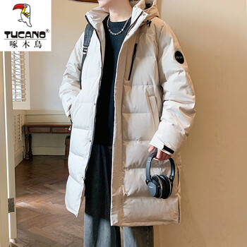 Woodpecker (tucano) mid-length down jacket men's winter hooded warm jacket loose simple trendy casual solid color thickened bread jacket light khaki s 85-105 catties