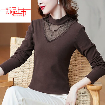 Woodpecker (tucano) double-sided german velvet hollow half turtleneck bottoming shirt, autumn and winter new long-sleeved women's plus size lace shirt, brown double-sided german velvet, this year's popular light luxury brand l, recommended 100-115 pounds