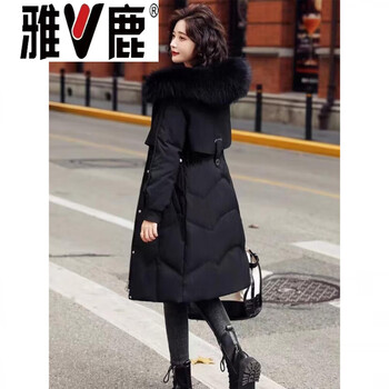 Yalu white duck down jacket women's winter mid-length 2026 new slim fit waist big fur collar thick jacket black black_real fur collar s_recommended 80-100 catties