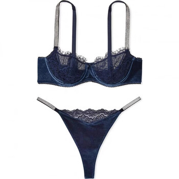 Victoria's secret flower lace rhinestone decorated bra mid-waist panties underwear set women's blue set (blue) s 34b+(75b+s)