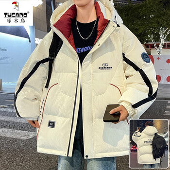 Woodpecker down jacket men's winter 2025 new textured jacket men's hooded thickened warm youth outdoor coldproof jacket beige new national standard 90% white duck down m (can be worn at about 90~110 pounds)