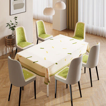 Caizhi tablecloth, waterproof and oil-proof dining table, light luxury, anti-scalding, no-wash coffee table cloth, rectangular tablecloth, chair cover, green ribbon, curved backrest, 4 chair covers