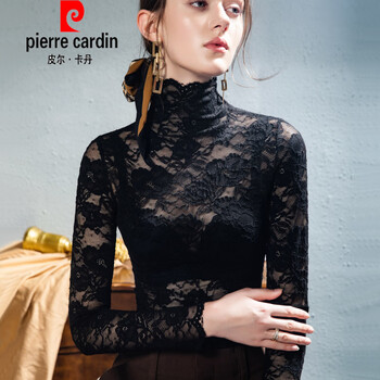 Pierre cardin lace bottoming shirt for women 2025 new autumn and winter long-sleeved european black turtleneck hollow sexy see-through top black s