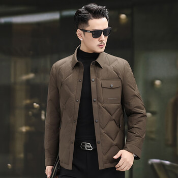 Ducky autumn and winter new thin down jacket men's middle-aged shirt-style lapel business casual white duck down warm jacket brown m 170 (recommended 115-130 catties)