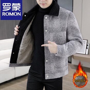 Romon woolen jacket men's winter wear 2025 new trend casual light mature style plus velvet thickened woolen jacket men's tops light gray 2xl