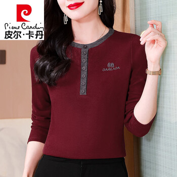 Pierre cardin (pierre cardin) thickened brushed long-sleeved t-shirt for women, autumn and winter style, one-piece german velvet bottoming shirt, western style mom top, burgundy (one-piece german velvet to keep warm) <high-end fashion temperament, fashionable and western-style women 4xl 140-155 pounds